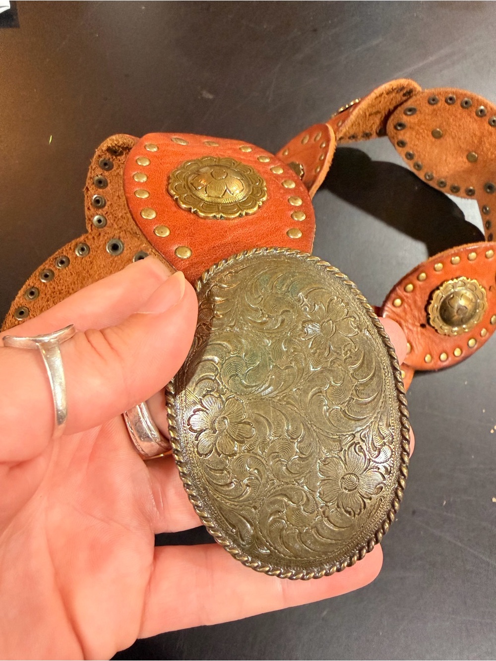 Vintage 1996 Fossil Genuine Leather Concho Belt Brown Studded Western Boho S - Picture 2 of 9